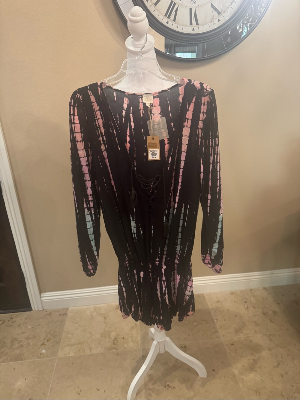 Surf Gypsy Black Tie-Dye Long Sleeve Dress with Pink and Light Blue Accents